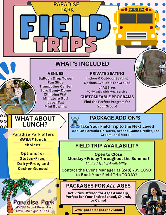 Field Trips & Non Profit Events Novi Michigan Paradise Park